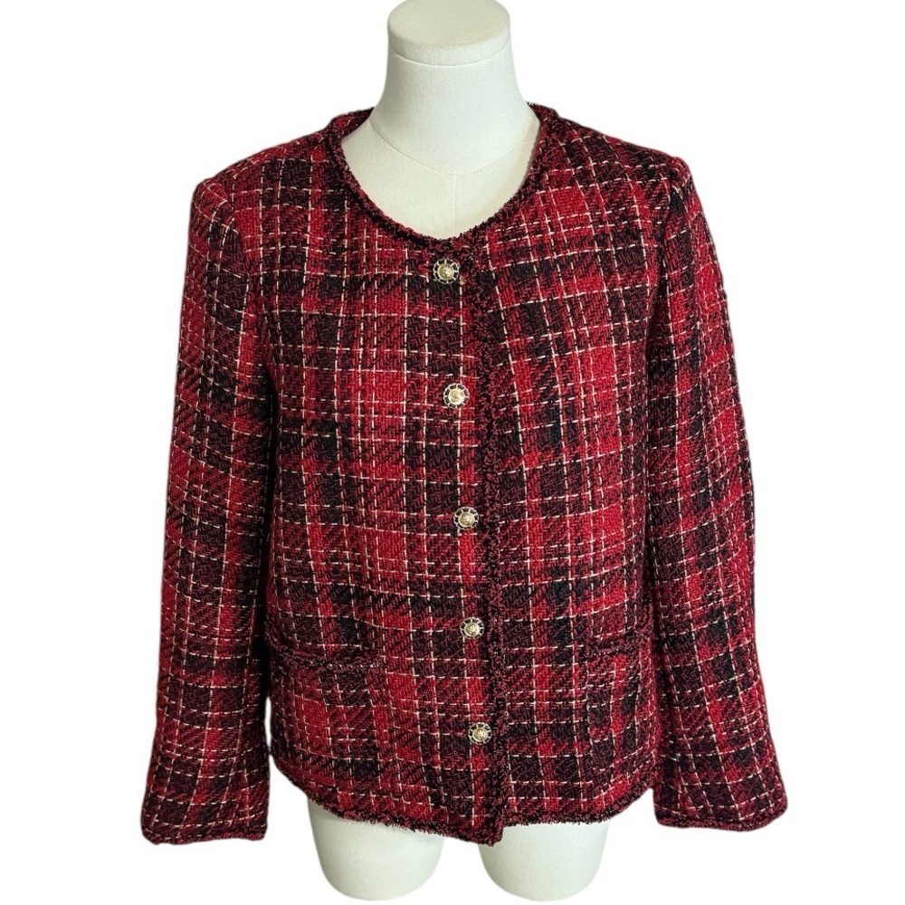 ADRIANNA PAPELL Red Black Tweed Jacket Blazer Gold Buttons Holiday Plaid Size M
